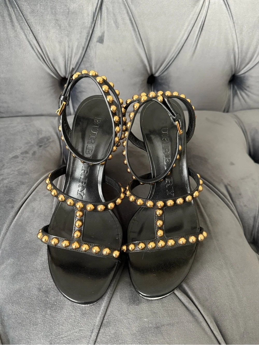 Worn Once! Burberry Black Strappy Studded Check Wedge Sandals